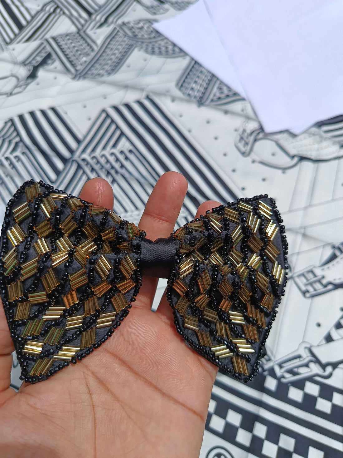 Black & Gold Beaded Bow Tie