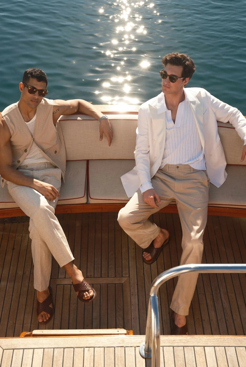 Two men wearing coordinated beige and white summer outfits sit on a wooden yacht deck with blue water in the background. One wears a sleeveless beige vest and trousers, and the other wears a white blazer over a white striped shirt with beige trousers.