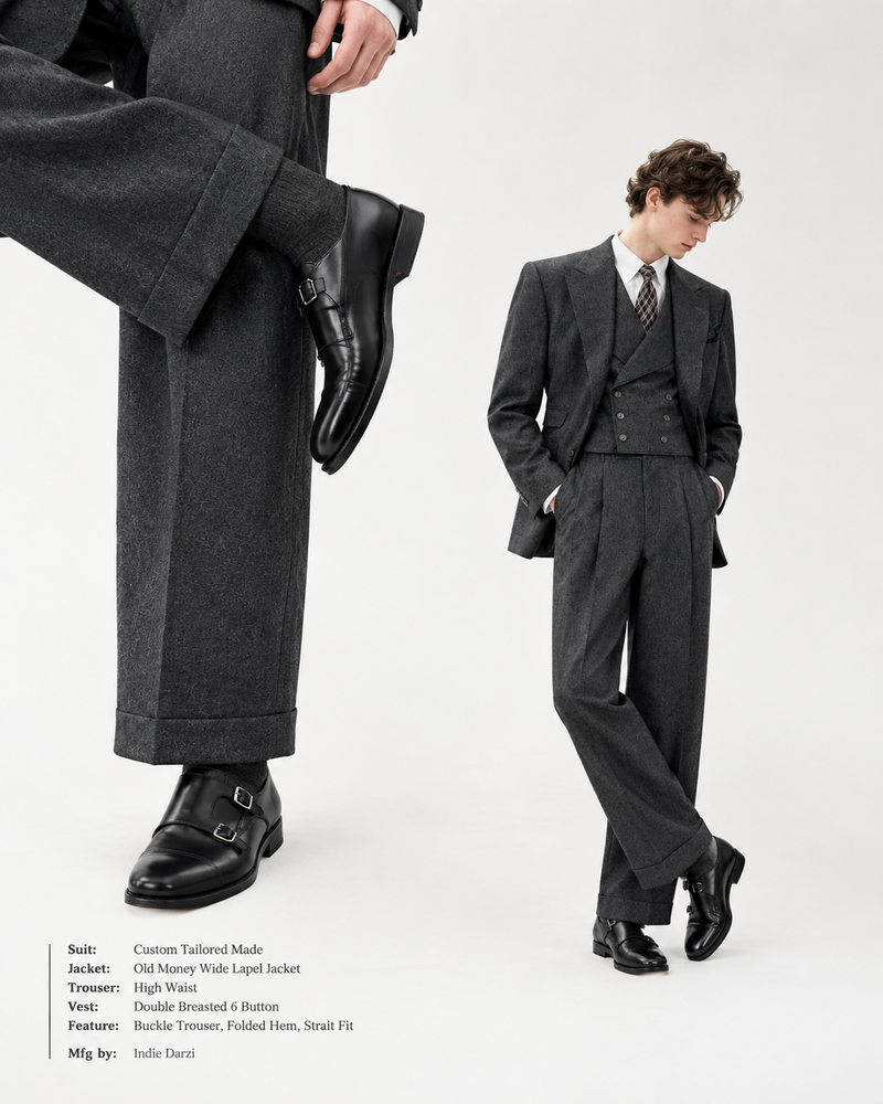 A model wears a dark charcoal gray three-piece suit with a waistcoat, vest, and trousers, paired with black double-strap leather dress shoes, a white shirt, and a patterned tie. The image is a composite showing a close-up of the trousers and shoes on the left, and a full-body view of the model on the right.