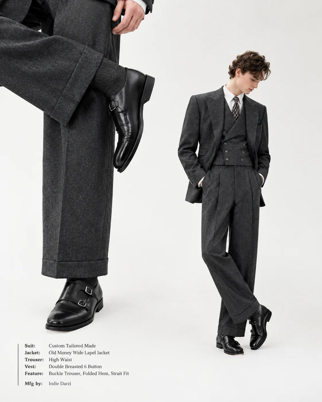A model wears a dark charcoal gray three-piece suit with a vest, pleated waist, and double-breasted jacket, paired with black leather double-strap dress shoes. The image features a split composition with a close-up of the trousers and shoes on the left, and a full-body shot on the right.