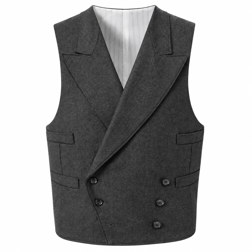 A dark gray double-breasted blazer vest with notch lapels and four front buttons, displayed on a clean white background.