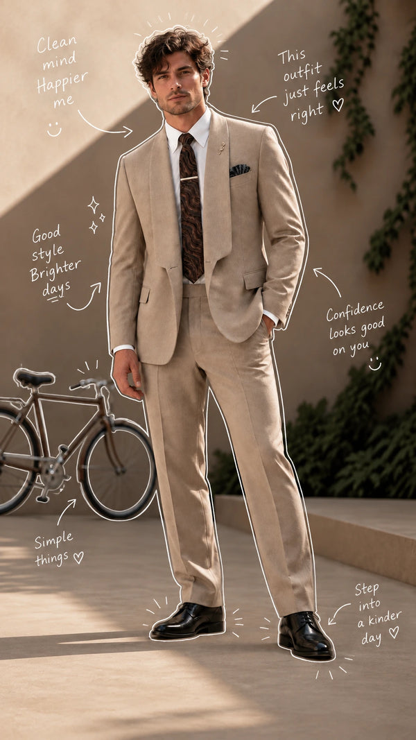 A man wearing a light beige two-piece suit with a white dress shirt, a brown patterned tie, and black dress shoes, standing outdoors next to a bicycle. Hand-drawn style text overlays compliment the outfit.