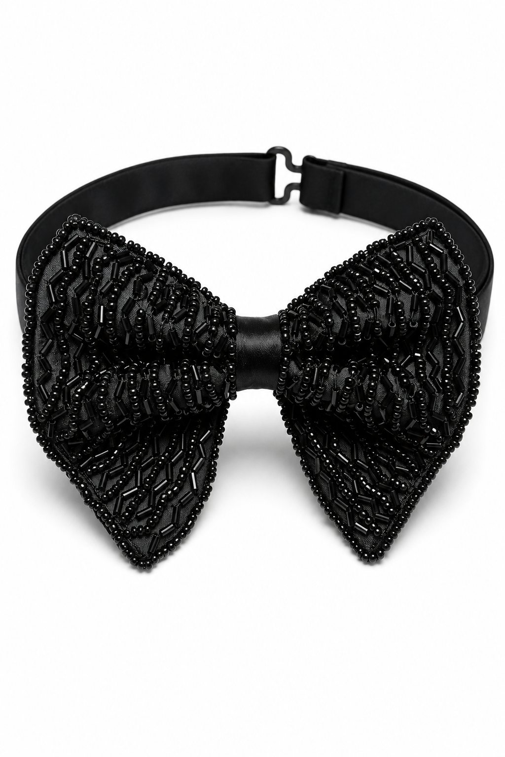 A black beaded bow tie with a matching black elastic strap and metal buckle, shown against a plain white background.