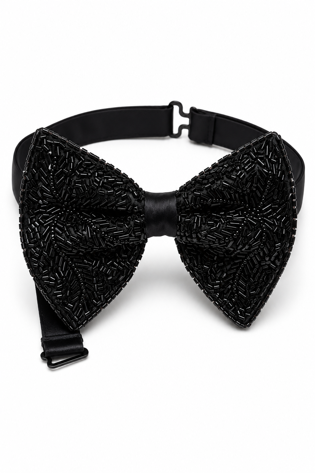 A black bow tie embellished with intricate beaded patterns, featuring a matching black adjustable strap with metal buckles, shown against a plain white background.