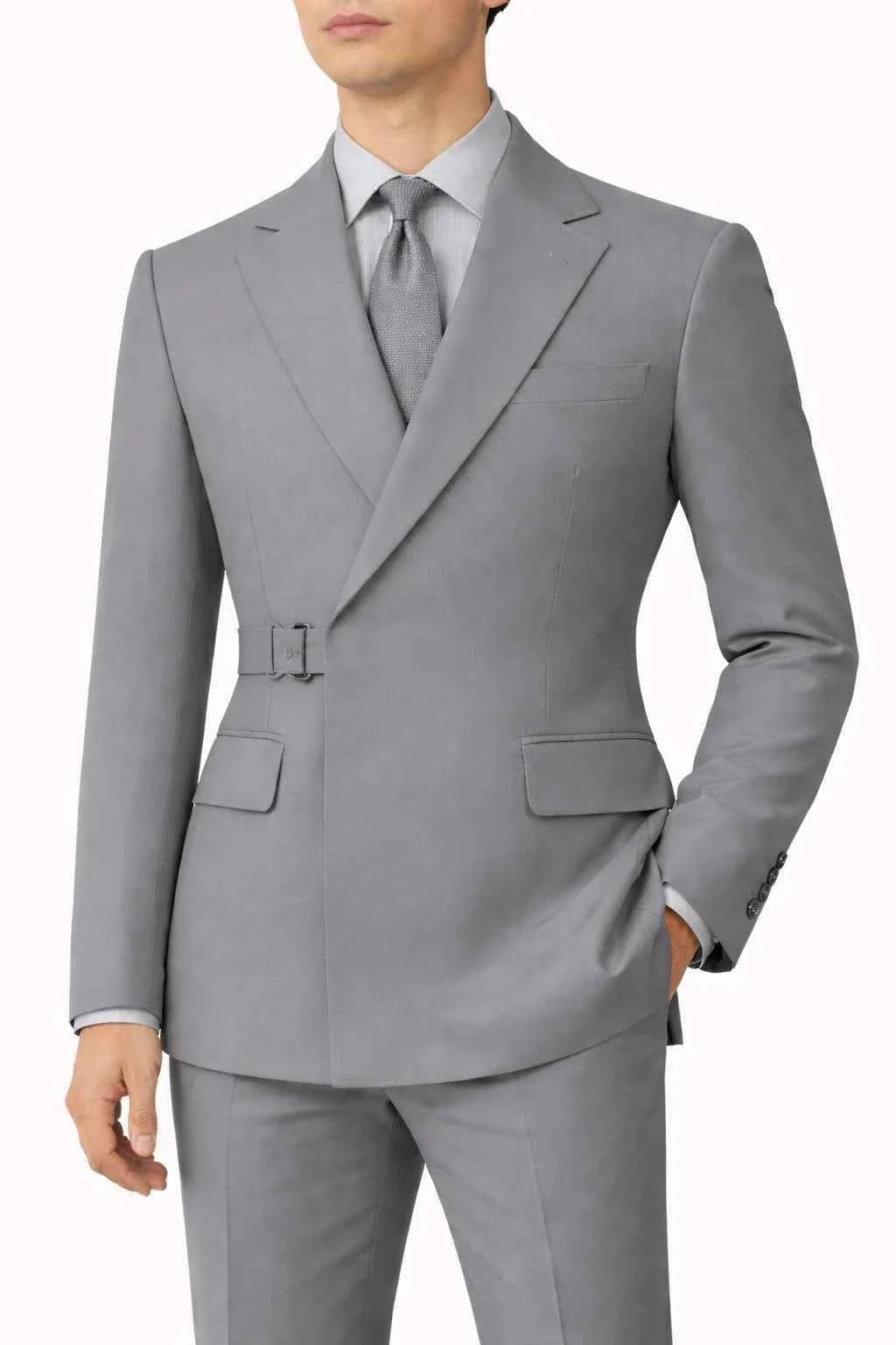 Korean Double Breasted Grey Suit with unique side buckle detail