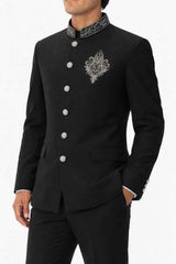 Black Embroidered Mandarin Suit