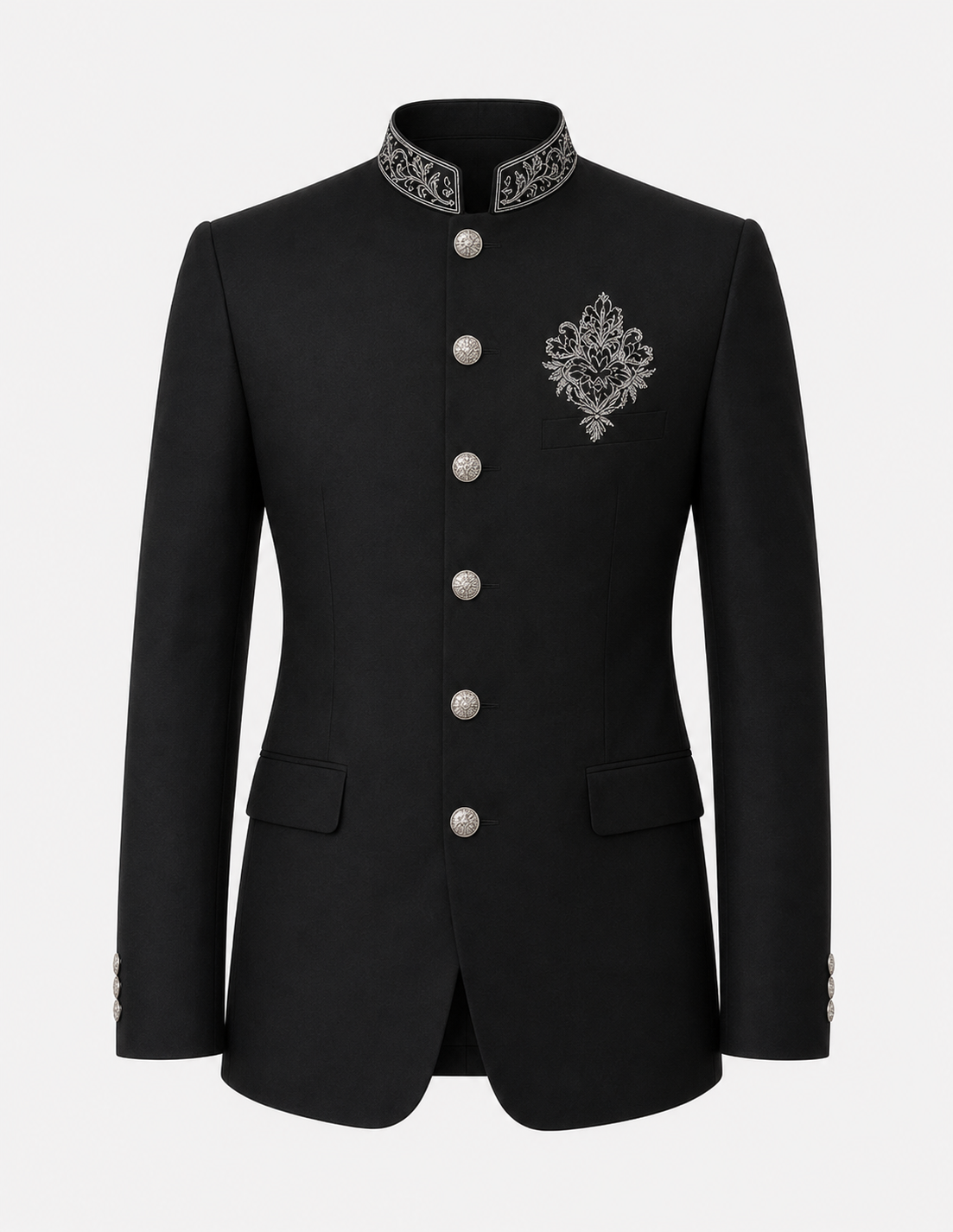 Black Embroidered Mandarin Suit