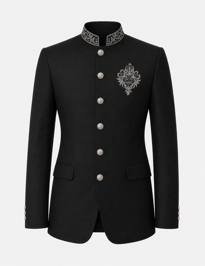 Black Embroidered Mandarin Suit