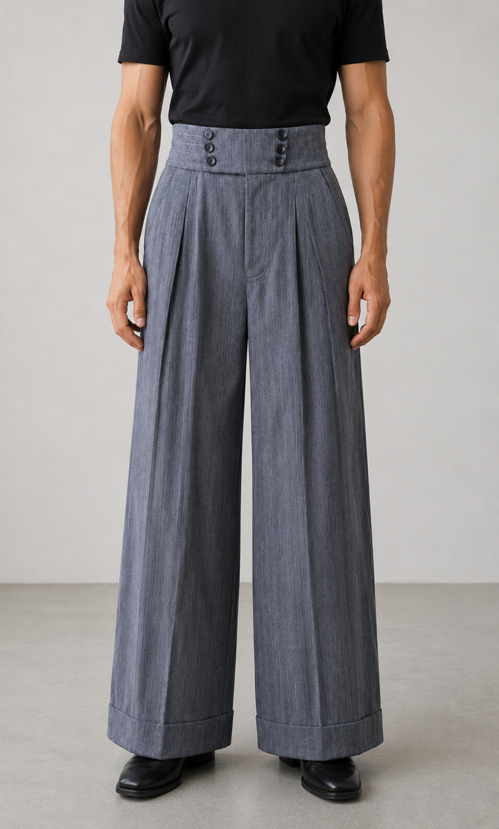 Tailored Wide-leg Pants 6 Button Vintage High Waist