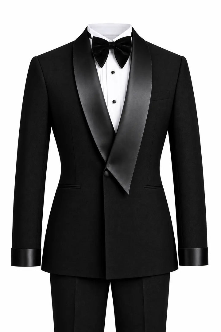 A classic black tuxedo jacket with satin peak lapels, paired with a white dress shirt, black bow tie, and matching black trousers, shown on a clean white background.