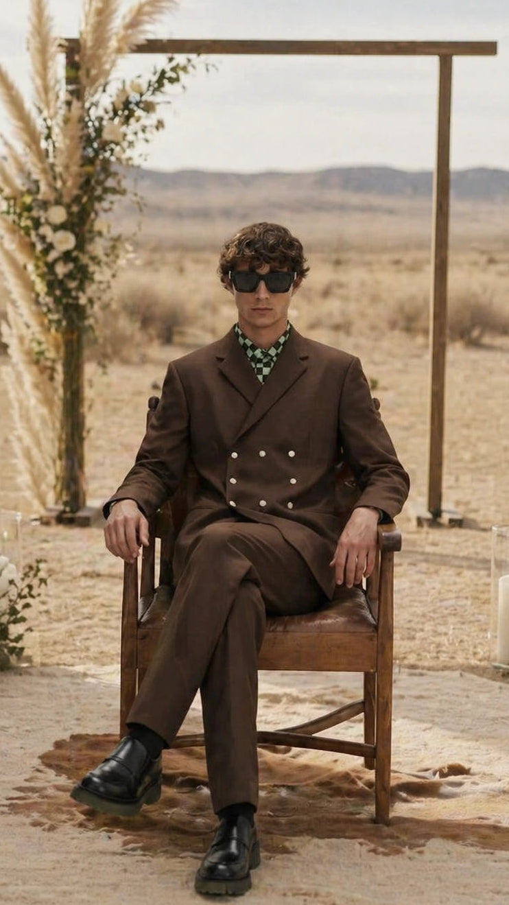Man in a brown double-breasted custom tailored suit and sunglasses sitting outdoors.