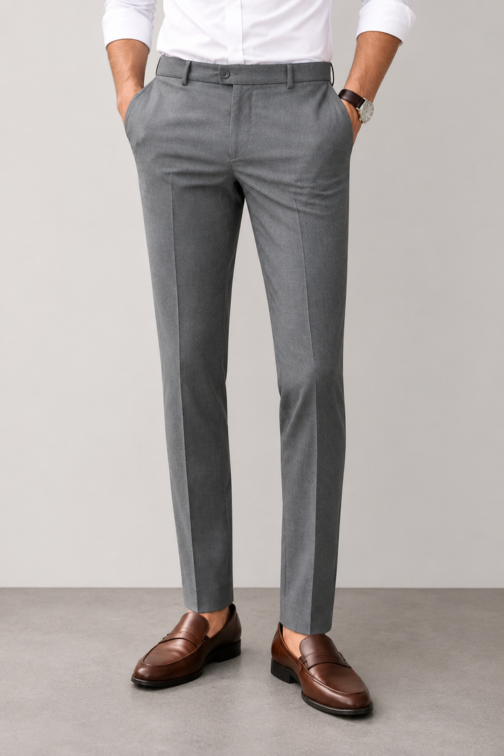 A man wearing slim-fit gray dress pants, a white dress shirt, and brown leather loafers, standing against a neutral light gray studio background.