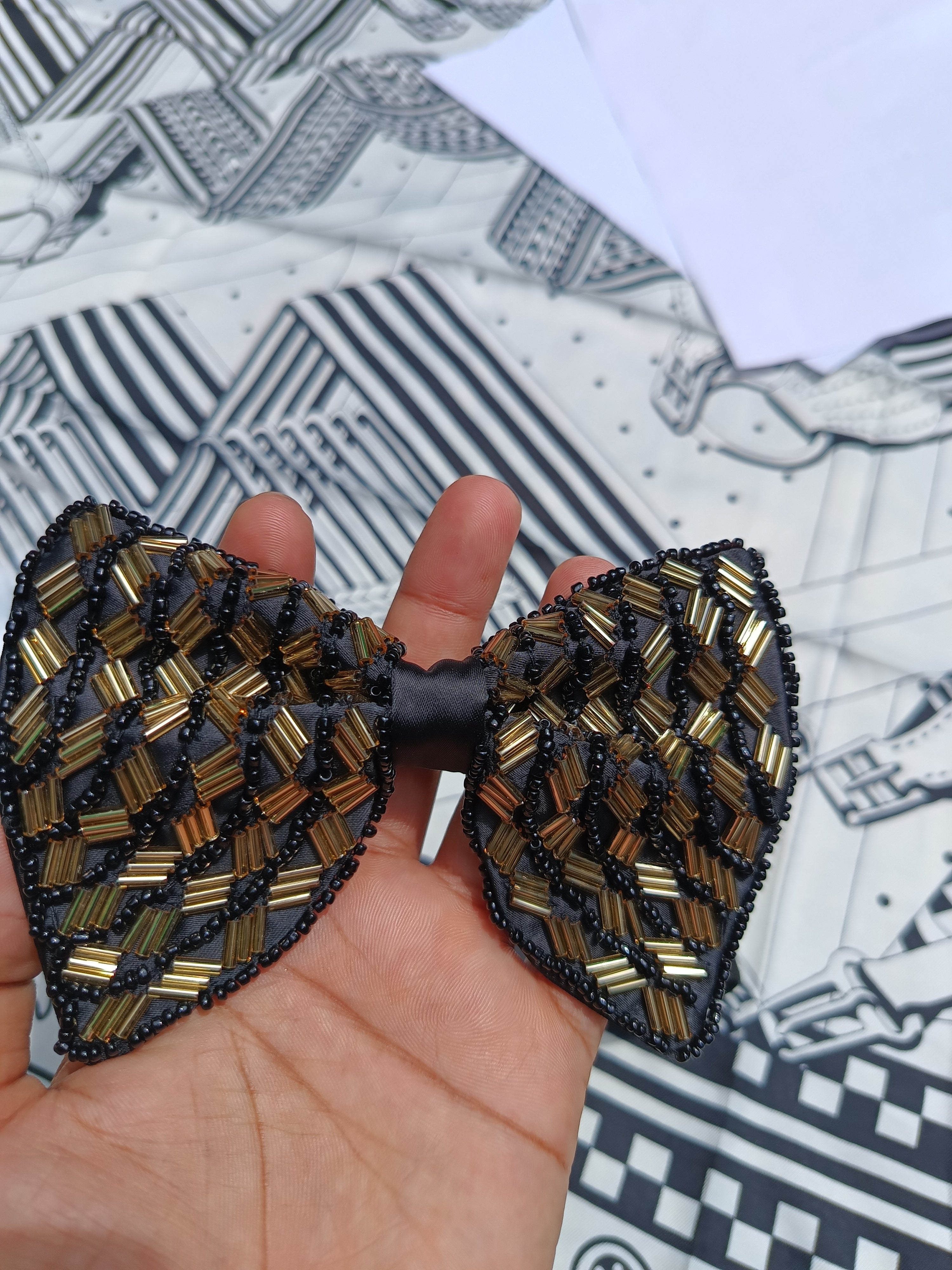 Black & Gold Beaded Bow Tie