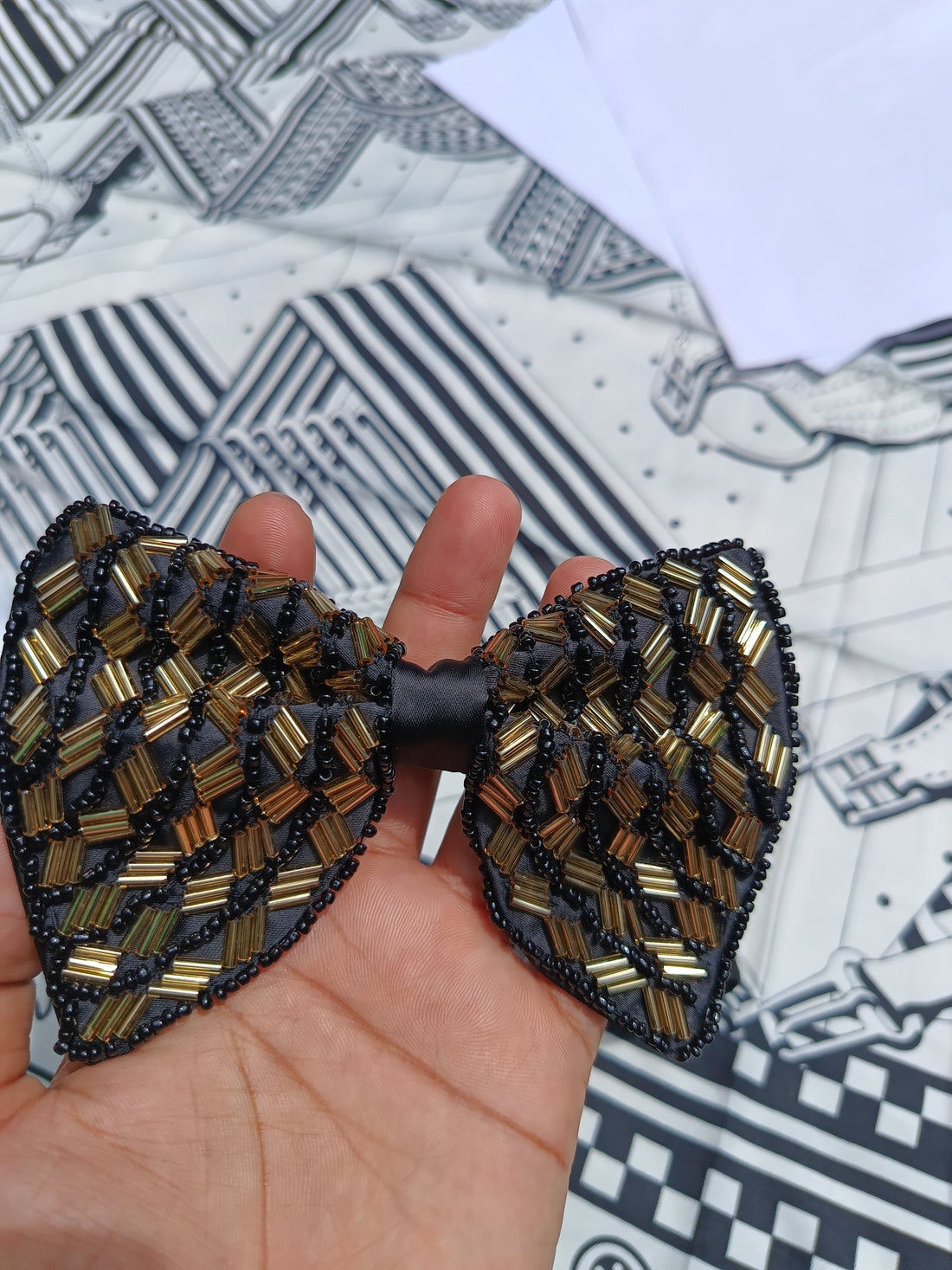Black & Gold Beaded Bow Tie