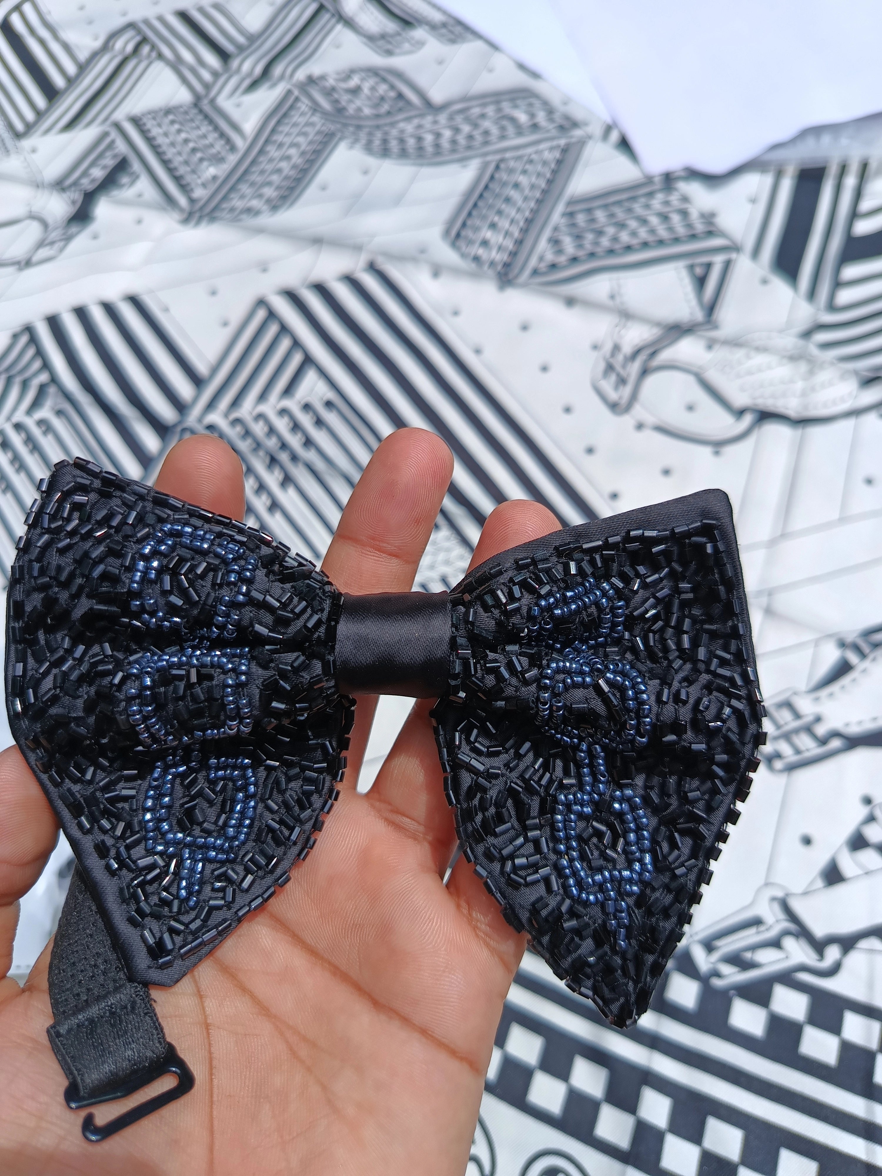 Midnight Blue & Black Beaded Bow Tie