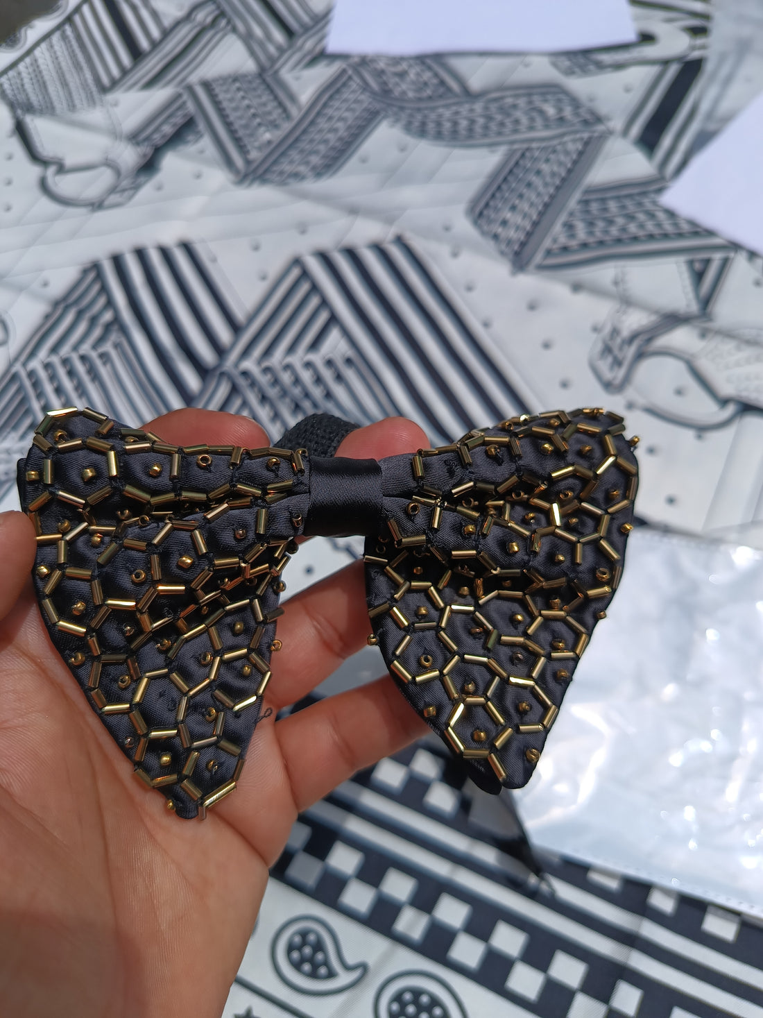Black & Gold Honeycomb Beaded Bow Tie
