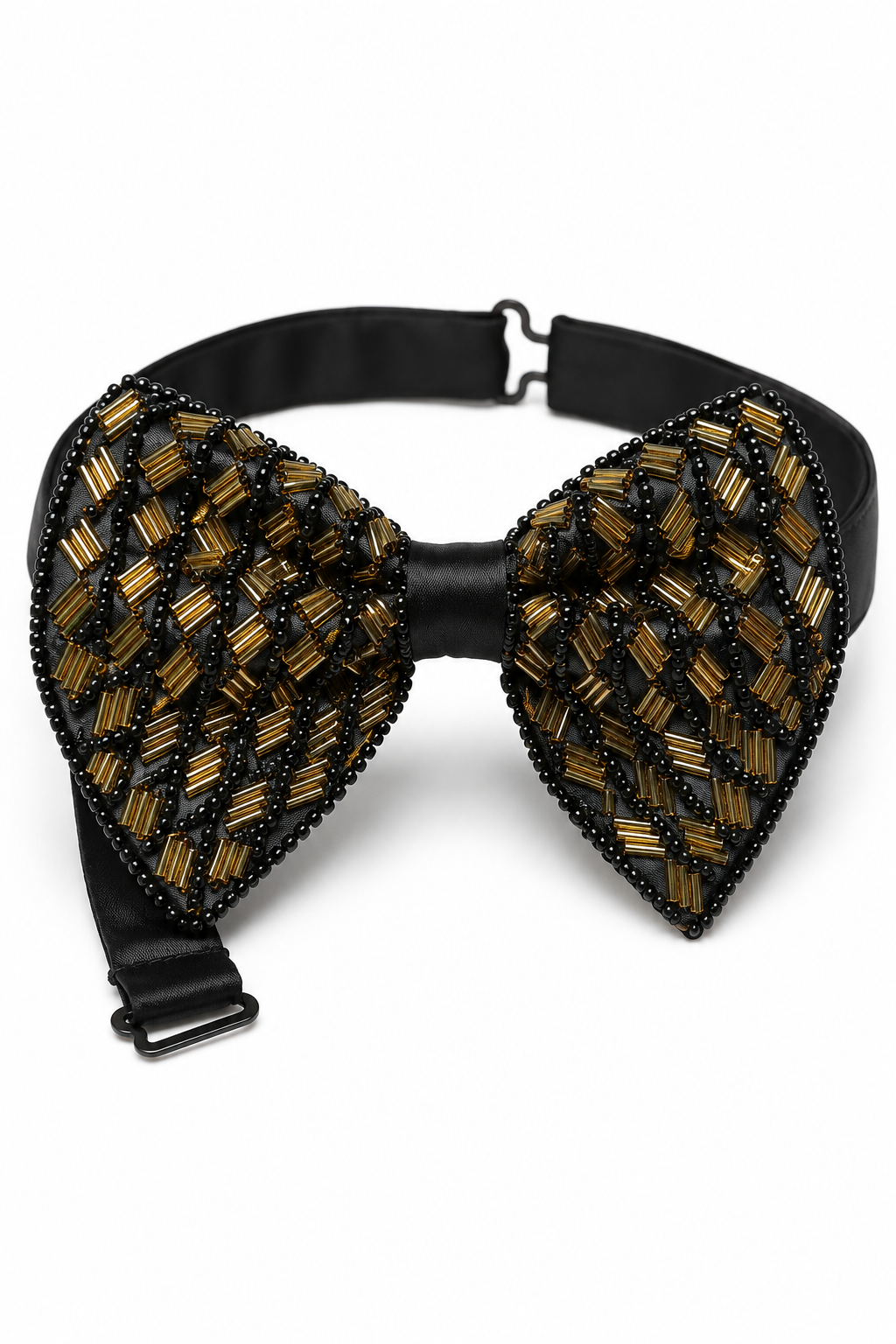 A black bow tie with intricate gold and black beaded geometric patterns on the front panels, featuring a black adjustable strap with metal buckles.