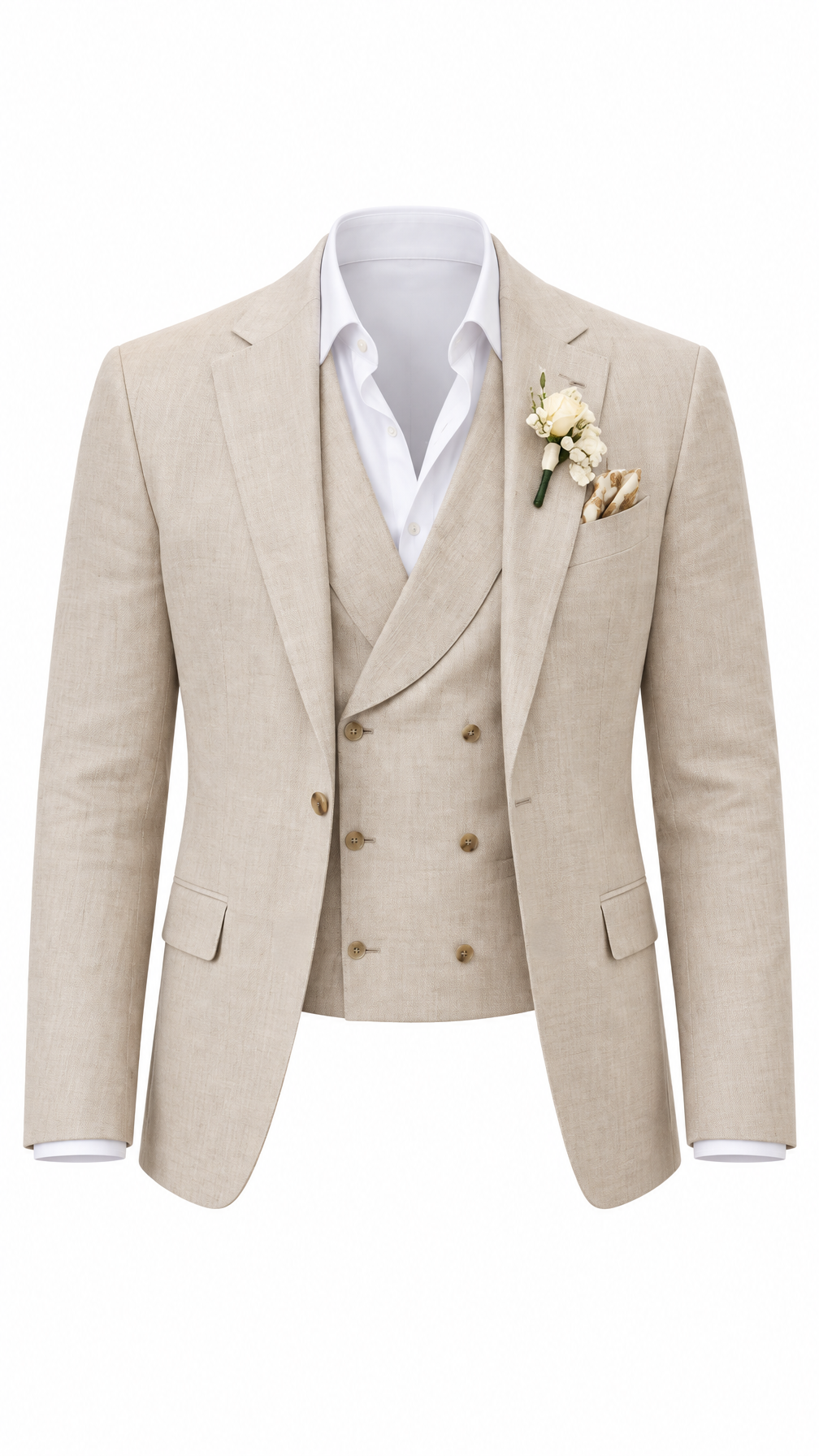 A beige single-breasted suit with a matching vest, styled with a white dress shirt and a cream floral boutonniere on the lapel, shown on a clean white background.