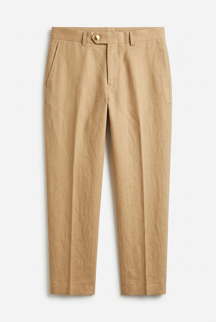 A pair of light beige linen trousers with a button closure and belt loops, shown flat against a light gray background.