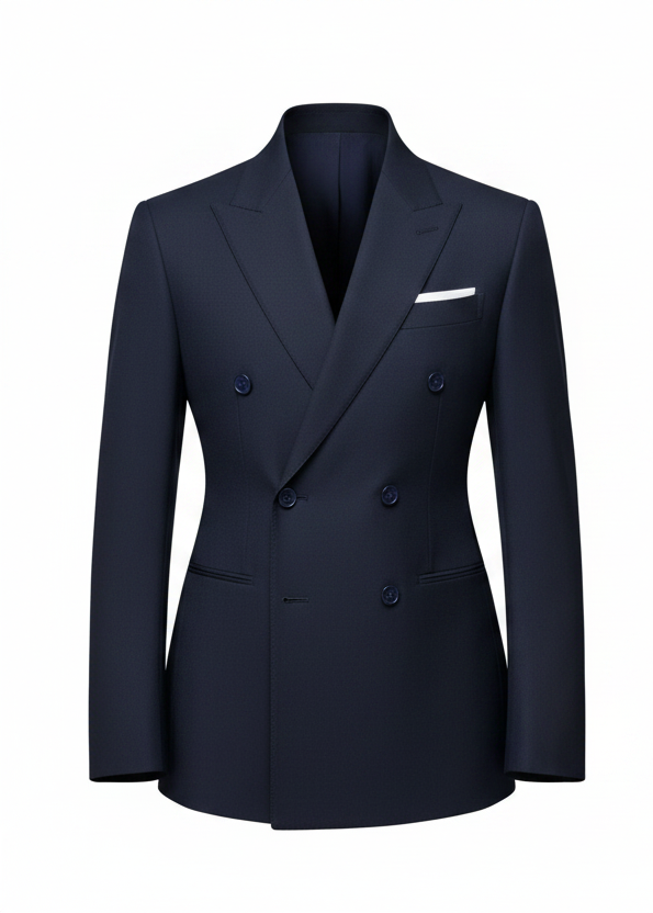 A dark navy blue double-breasted blazer with a white pocket square, displayed on a clean white background.