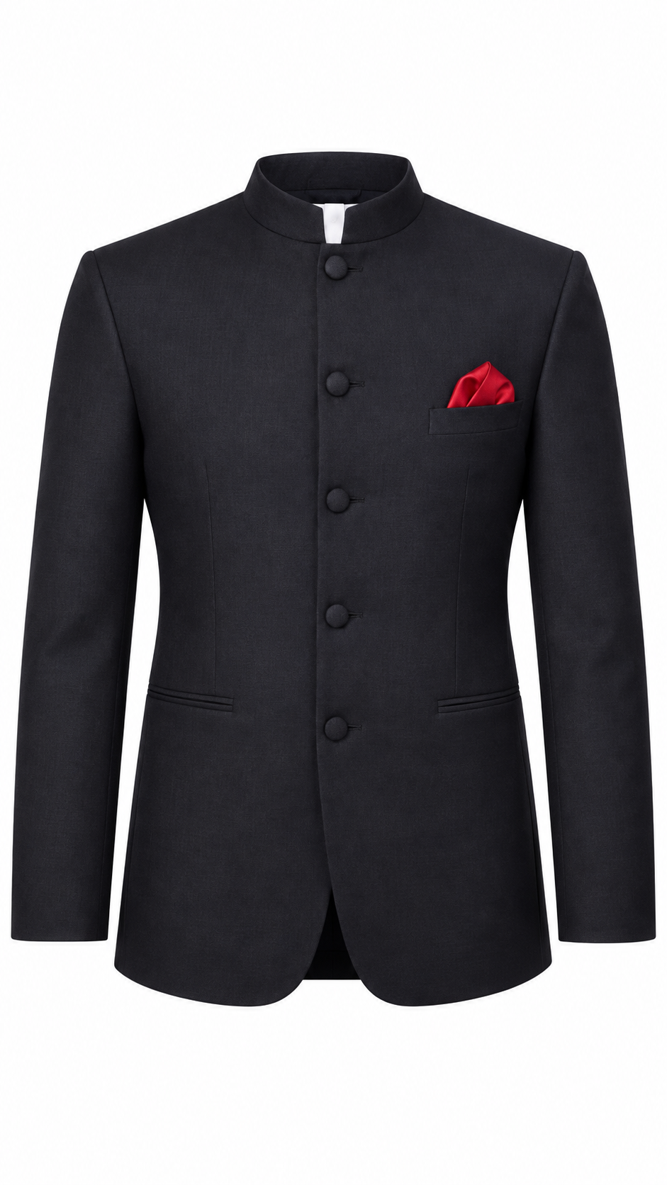 A black men's Jodhpuri jacket with a Mandarin collar, four front buttons, and a red pocket square in the chest pocket, shown on a plain white background