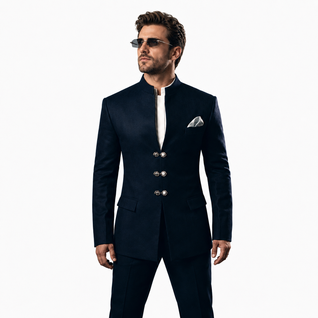 Man wearing a Ranveer Singh Jodhpuri Suit with white shirt and pocket square on a white background
