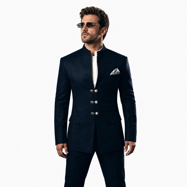 Man wearing a Ranveer Singh Jodhpuri Suit with white shirt and pocket square on a white background