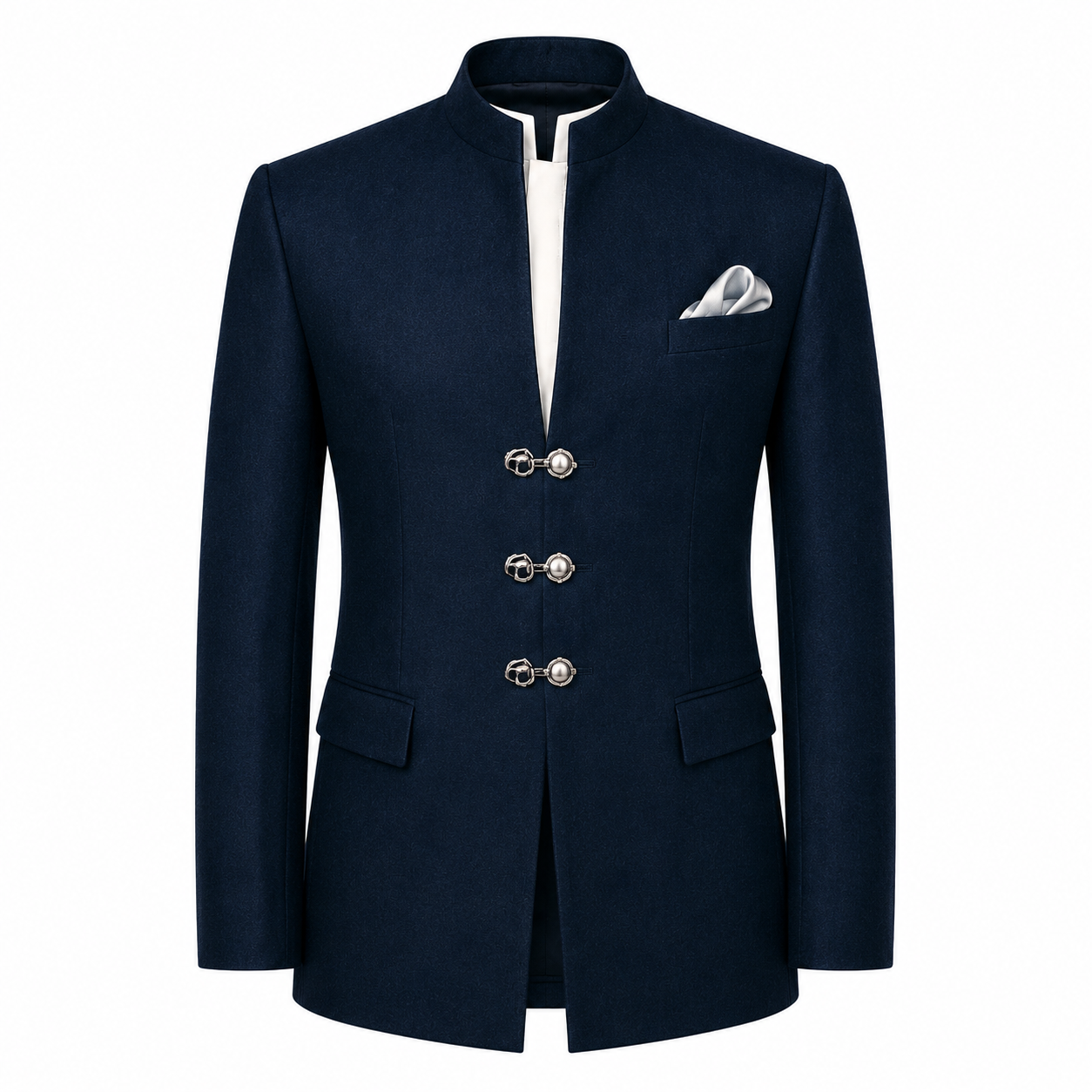 Navy blue jacket with silver buttons on a white background