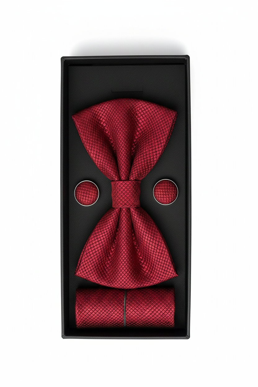 A red textured bow tie set with matching pocket square and round cufflinks, presented in a black gift box on a white background.