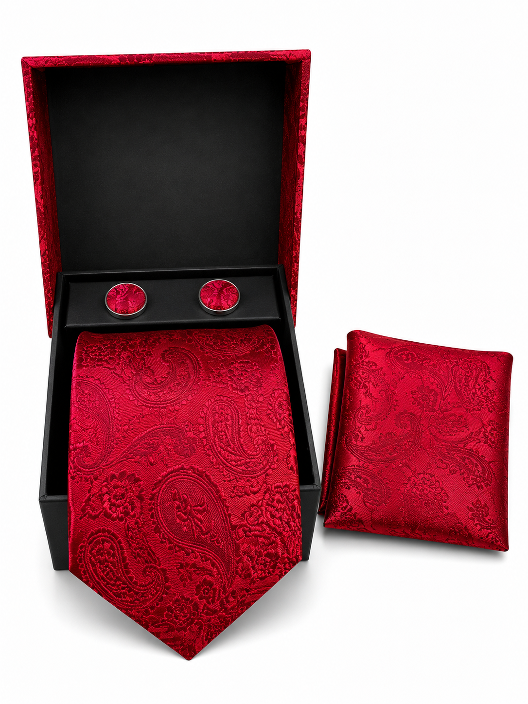 Red Paisley Men’s Tie Set with Cufflinks, Pocket Square & Suit Buttons