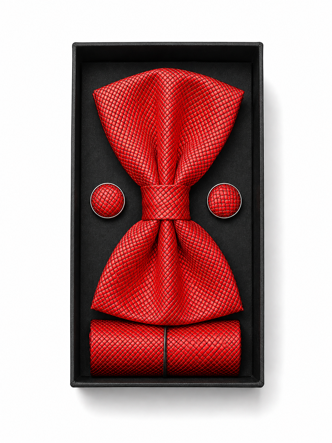 A red textured men's accessory set including a bow tie, matching pocket square, and round cufflinks, presented in a black gift box on a white background.