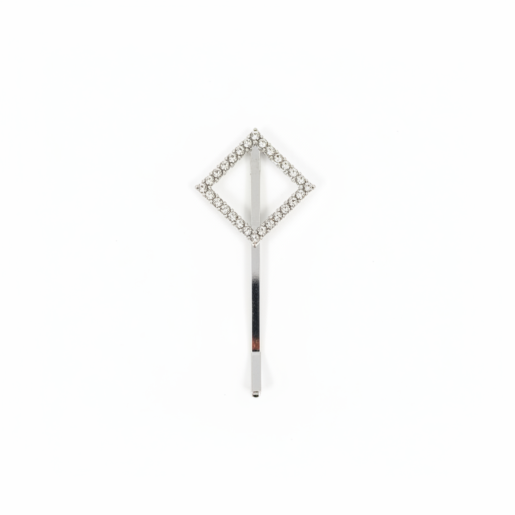 A silver-tone Tie pin with a diamond-shaped top embellished with clear rhinestones, shown on a plain white background.