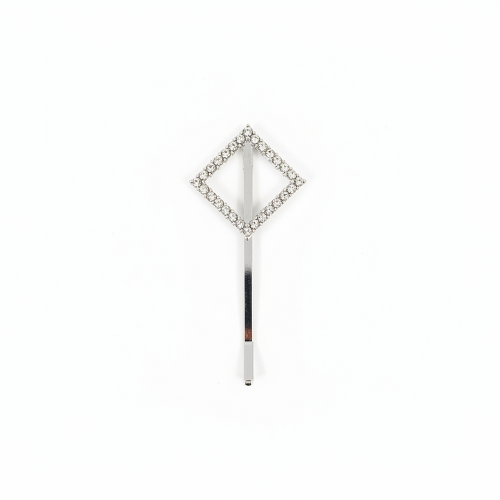 A silver-tone Tie pin with a diamond-shaped top embellished with clear rhinestones, shown on a plain white background.