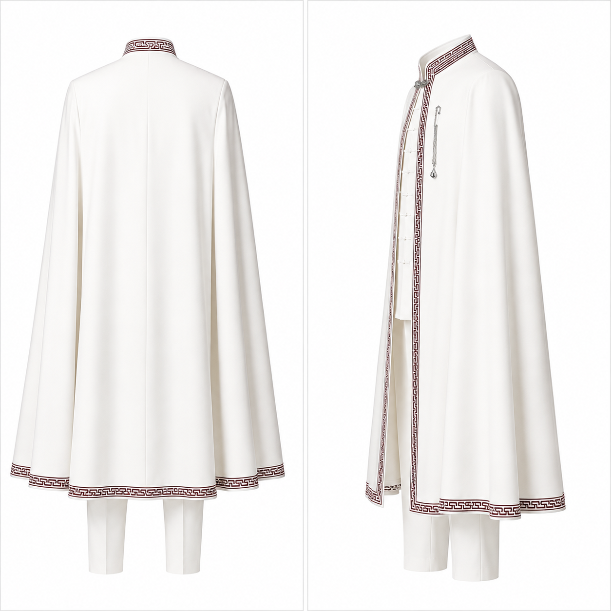 A white traditional-style long cape or coat shown from the back and front-three-quarter views on a mannequin, with a decorative brown patterned trim along the collar, front opening, and hem.