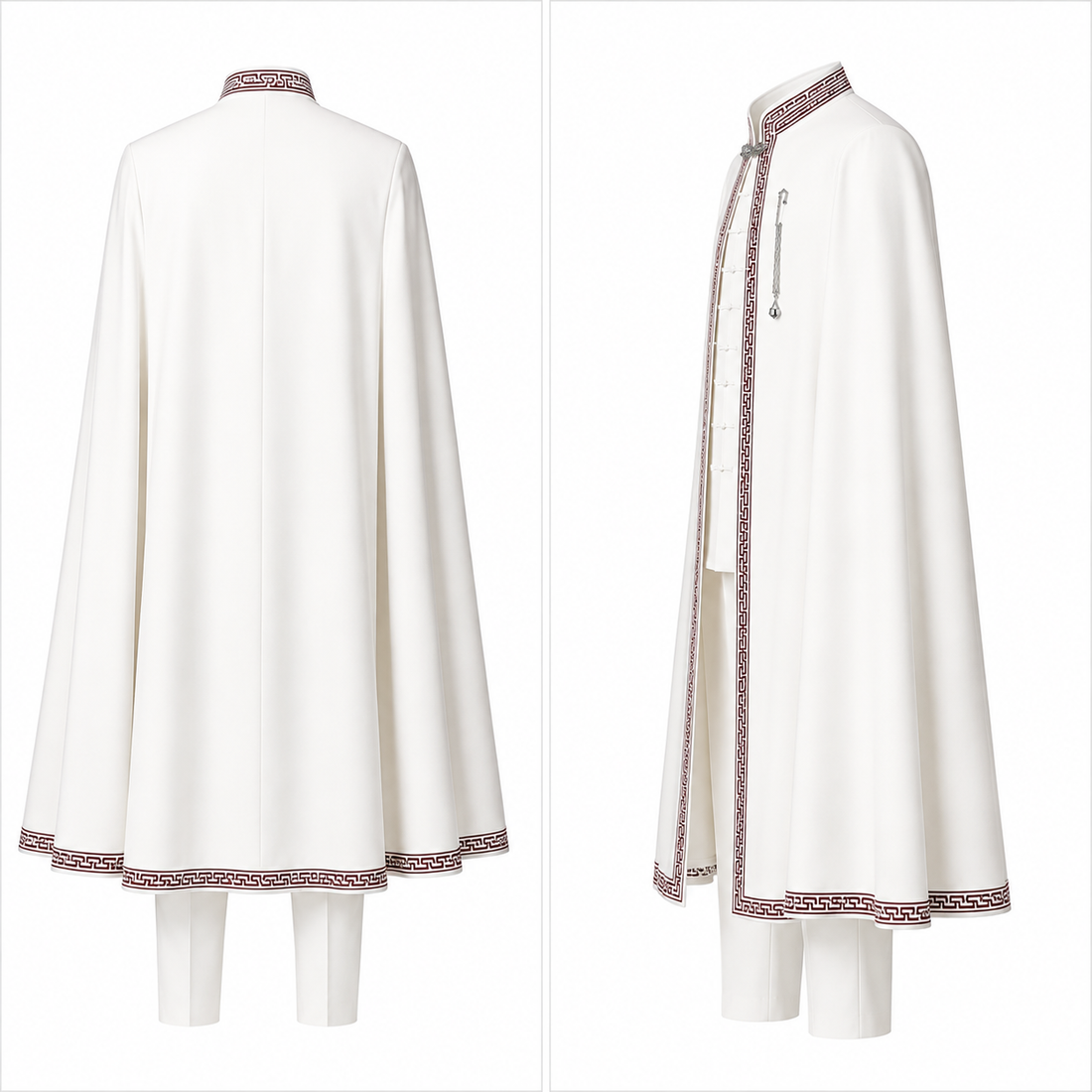 A white traditional-style long cape or coat shown from the back and front-three-quarter views on a mannequin, with a decorative brown patterned trim along the collar, front opening, and hem.