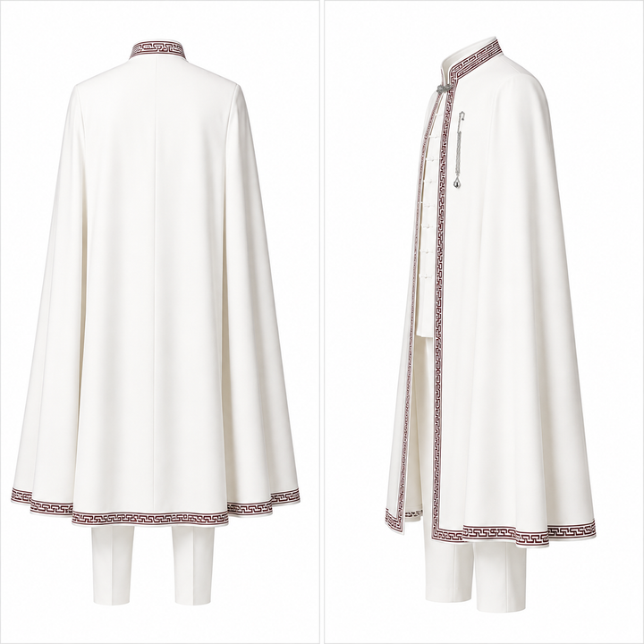 A white traditional-style long cape or coat shown from the back and front-three-quarter views on a mannequin, with a decorative brown patterned trim along the collar, front opening, and hem.