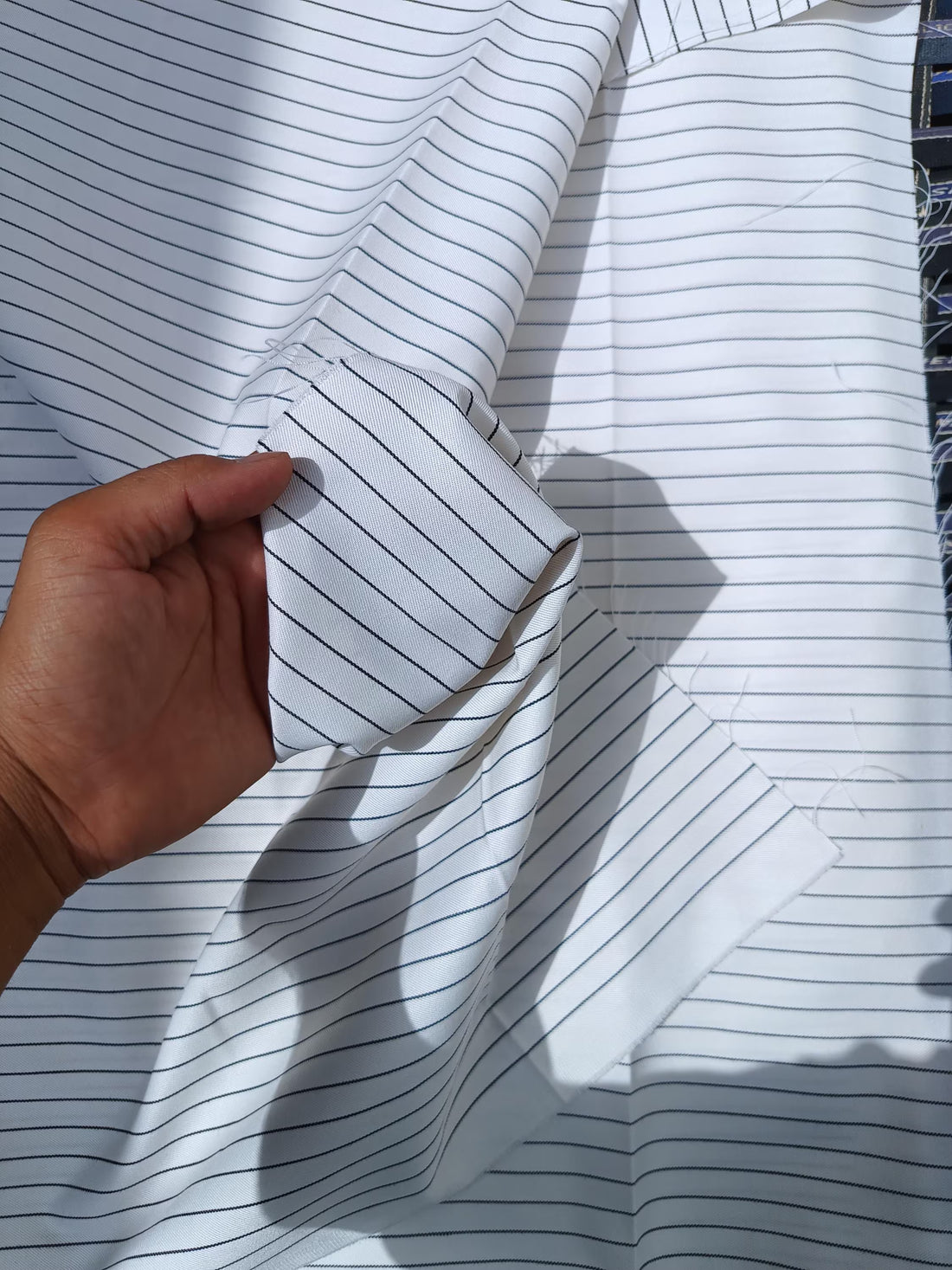 White Pinstripe Cotton Blend Fabric