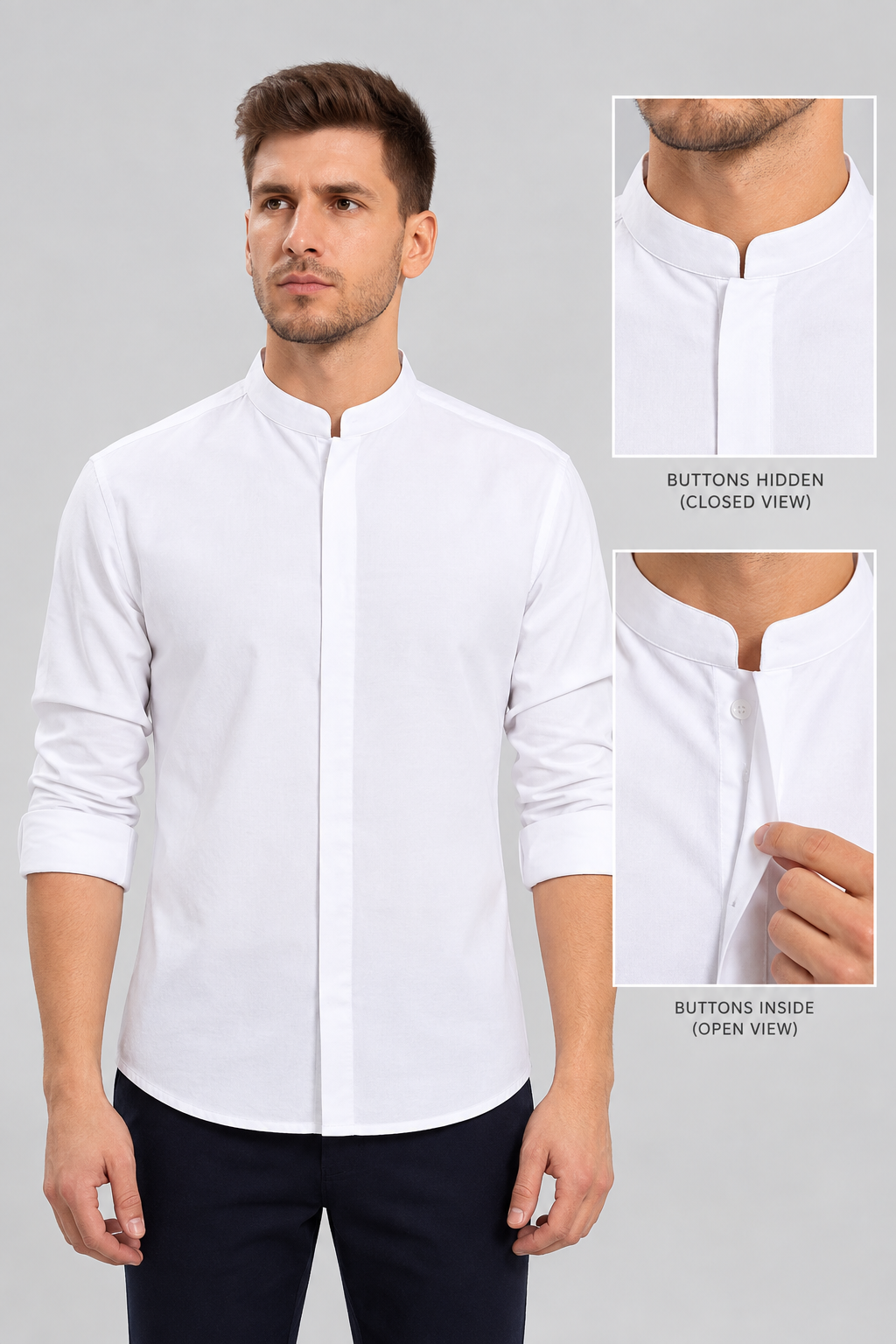 A man wearing a white long-sleeve mandarin-collar shirt with dark trousers, shown against a light gray studio background. Two inset close-up panels on the right explain the buttonless front closure from closed and open views.