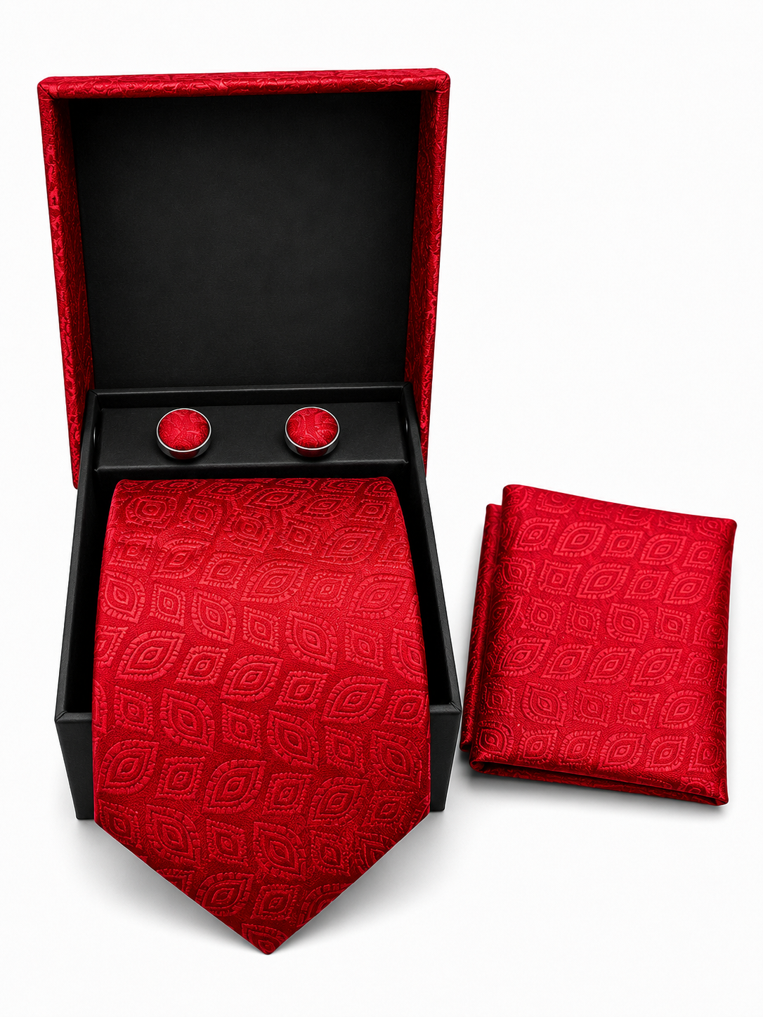 Red necktie and matching pocket square set displayed in an open red presentation box with two matching red cufflinks on a white background.
