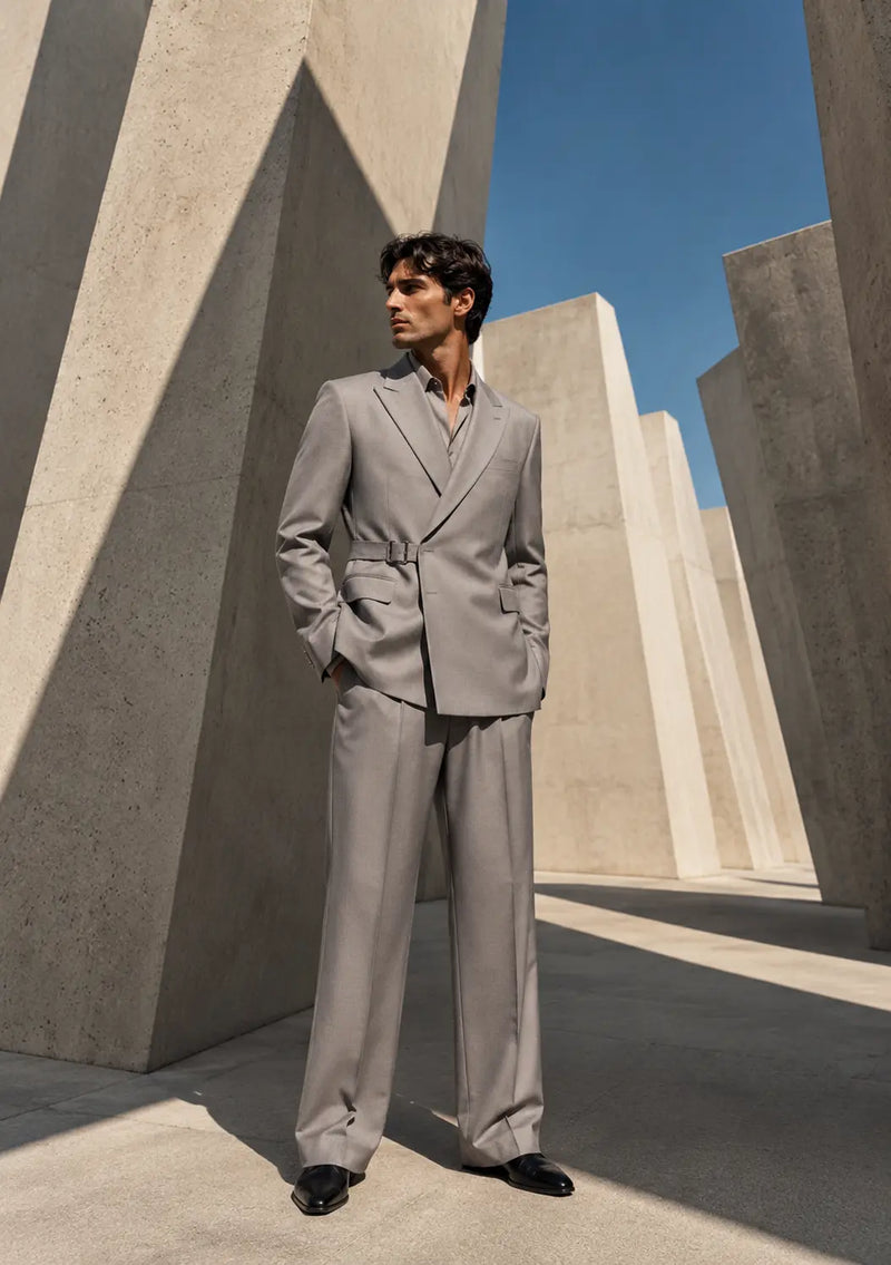 A man wearing a light gray double-breasted suit with a tie and black dress shoes, standing in a modern concrete monument under a blue sky.